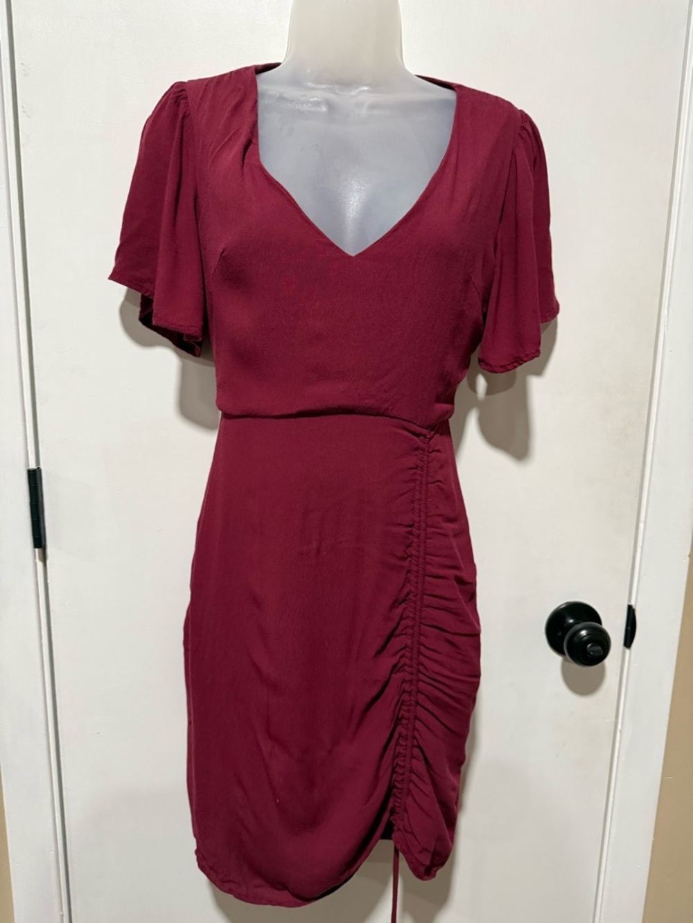 Altar'd State Burgundy V-Neck Ruched Mini Dress-#1353